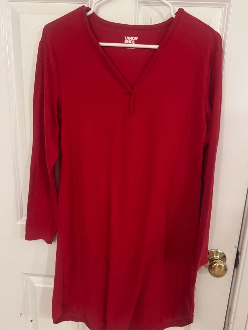 Lands' End Women's V-Neck Long Sleeve Nightshirt in Bright Red